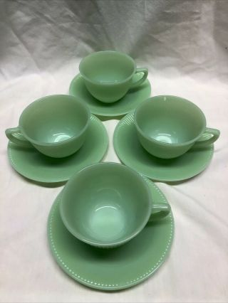 4 Vintage Jadeite Green Glass Fire King Tea Cups & Saucers Jane Ray