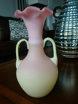 Vintage Burmese Art Glass Handled Vase Pink Yellow
