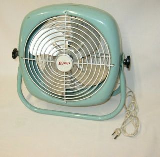 Lasko Vintage Fan Square Metal On Stand Turquoise Blue Green Mid Century Modern