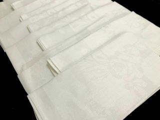 Vintage White Damask Linen 22 " Napkins W/ Rose Floral Design; Set Of 12 (rf1043)