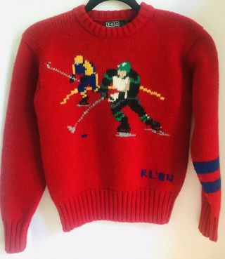 Vintage Polo Ralph Lauren Hockey Hand Knit Wool Sweater Youth Size 14