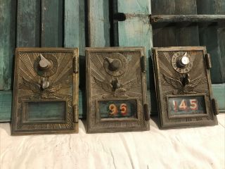 3 Vintage Bronze Eagle Post Office Box Doors Single Dial Eagles W/ Glass