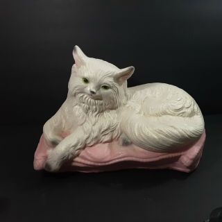 Vintage Plaster Chalkware White Cat Laying In Pillow Bank Zavori Mold Large