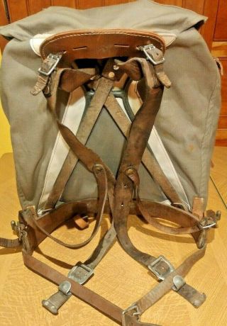 Vintage Wwii Swedish Military Framed Canvas Leather Rucksack Backpack 3 Crown