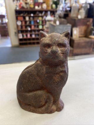 Vintage Seated Cast Iron Cat Still Bank Cat With Bow Tie Unpainted 4 1/4 " Tall