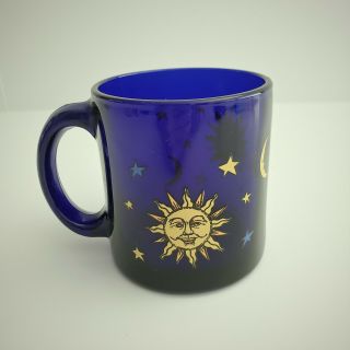 Vtg Libbey Cobalt Blue Celestial Sun Moon Stars Glass Coffee Mug Made In Usa.  Fs