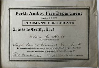 MAYOR PERTH AMBOY NJ FIRE DEPARTMENT FIREMAN CERTIFICATE DOCUMENT SIGNED 1914 VF 3