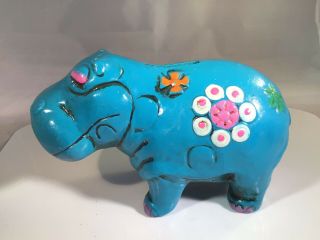 Vintage Kitsch Hippo Hand Painted Papier Maché Money Bank Colorful Mid Century