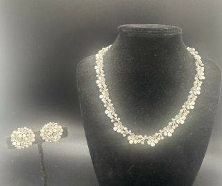 Vintage Silver Tone Faux Pearl Rhinestone Flower Sign Trifari Necklace Earrings
