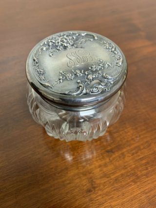 Antique Dresser Powder Rouge Jar Cut Glass W/ Sterling Silver Lid