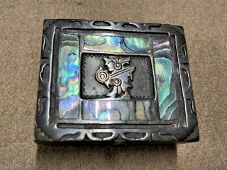 Mexican Sterling Silver Pill Box Vintage Aztec Mayan.  925 Abalone Shell Hecho