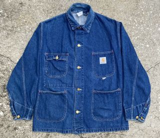 Vintage 90s Carhartt Denim Work Chore Jacket Coat Made In Usa Size 38