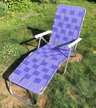 Vintage Sunbeam Webbed Folding Lounge Chair Aluminum Lawn Beach Purple Rare Euc