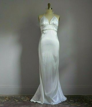 Vintage White Satin Halter Top Beach Wedding Gown With Strands Of Rhinestones