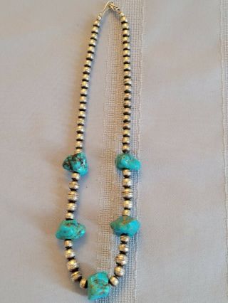 Vintage Silver Bead Necklace,  Kingman Turquoise.  17 Inches.  Low.