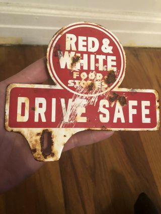Vintage Red And White Food Stores Drive Safe Metal License Plate Topper Sign