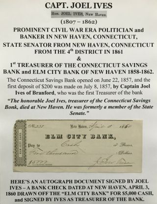 Civil War Politician Senator Elm City Banker Haven Ct Document Signed Check