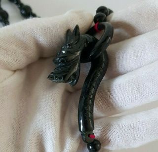 Vintage Oriental Chinese Obsidian Carved Black Bead Necklace Drgon Closure Great