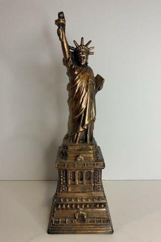 Great Vintage Very Large 10 " Tall Copper Statue Of Liberty Bank W/ Key