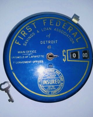 Vintage Blue First Federal Detroit Add - O - Bank Tin Coin Bank Key