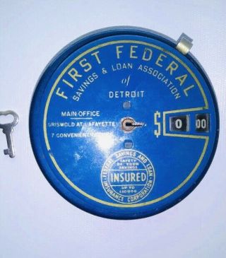 Vintage Blue First Federal Detroit Add - O - Bank Tin Coin Bank Key 2