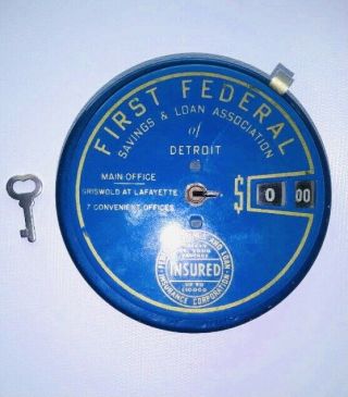 Vintage Blue First Federal Detroit Add - O - Bank Tin Coin Bank Key 3