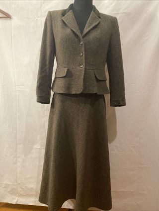 Laura Ashley Vintage Green Wool 1960’s Ww2 Skirt Suit Jacket 12/14