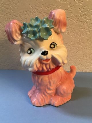 Vintage Ceramic Pink & White Dog Bank Rhinestones Eyes Red Bow