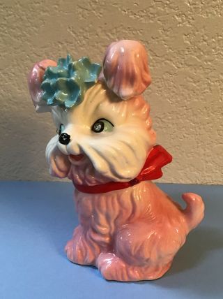 Vintage Ceramic Pink & White Dog Bank Rhinestones Eyes Red Bow 2