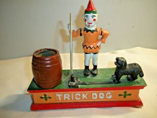 Vintage Circus Clown With Metal Ring Trick Dog Cast Iron Mechanical Bank