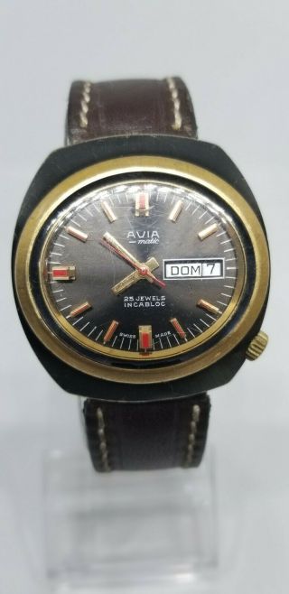 Vintage AVIA ' Matic ' 25 Jewels Automatic SwissWatch Day - Date - Black Dial - 2