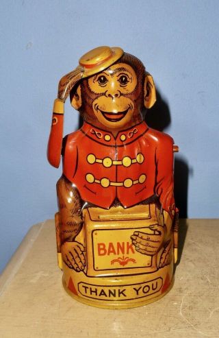 Antique Vtg Chein Organ Grinder Monkey Mechanical Bank Drop Coin Tip Hat