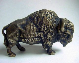 Antique Amherst Stoves Advertising Cast Iron Buffalo Coin Bank 3.  75 Lbs Gc