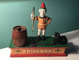 Vintage Bank Circus Clown W/ Metal Ring Trick Dog Cast Iron Mechanical Bank