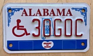 Alabama Motorcycle License Plate " 30 Goc " Disabled Handicapped Wheelchair Al