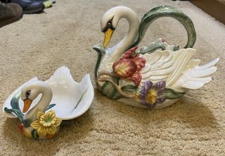 Vintage 1995 Fitz And Floyd Tulip Swan Porcelain 38oz Teapot And Small Bowl Euc