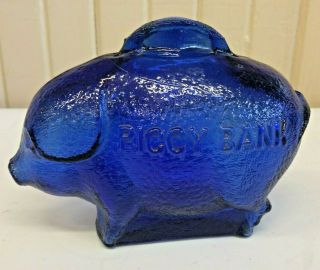 Vintage Cobalt Blue Glass Piggy Bank Arched Coin Slot (a)