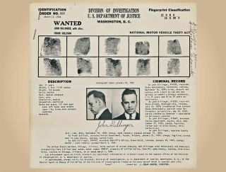 John Dillinger Fingerprints Fbi Wanted Poster 8.  5 X11 Photo Gangster Mobster