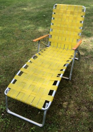 Vintage Yellow Webbed Aluminum Folding Chaise Lounge Lawn Chair Wood Arms