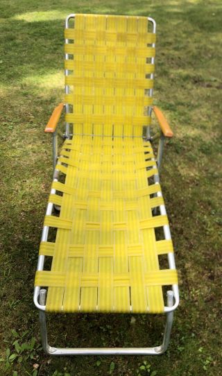 Vintage Yellow Webbed Aluminum Folding Chaise Lounge Lawn Chair Wood Arms 2