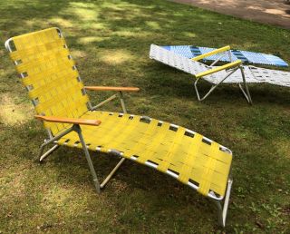 Vintage Yellow Webbed Aluminum Folding Chaise Lounge Lawn Chair Wood Arms 3