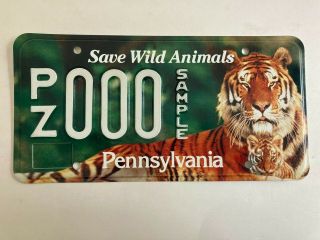 1990s 2000s Pennsylvania License Plate Sample Save Wild Animals Tiger Graphic
