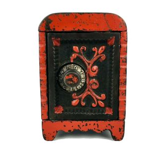 Vintage Cast Iron Safe Coin Bank Red Paint Ornate Scroll