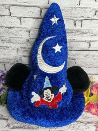 Disney Parks Plush Sorcerer Mickey Fantasia Hat With Ears Moon Stars Blue Kids