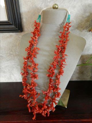Vintage Old Pawn Navajo Branch Coral,  Turquoise 2 - Strand Necklace Spectacular