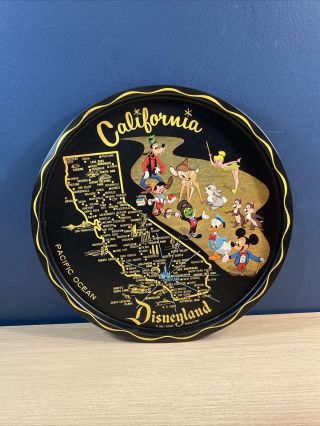 Vintage California Map Metal Tin Walt Disney Disneyland Souvenir Plate Tray