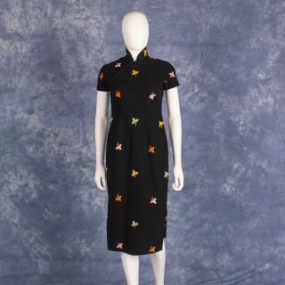 Vintage Black Cheongsam Qipao Midi Dress Wool Floral Embroidered Sz S
