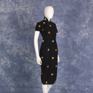 Vintage Black Cheongsam Qipao Midi DRESS Wool Floral Embroidered Sz S 2