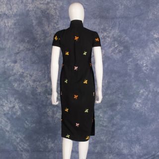 Vintage Black Cheongsam Qipao Midi DRESS Wool Floral Embroidered Sz S 3
