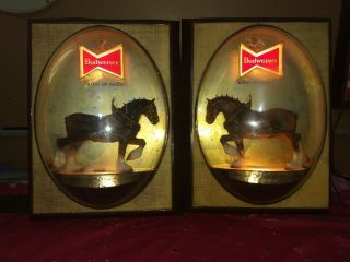Pair Vintage Budweiser Clydesdale Bubble Dome Lighted Beer Sign Bar Light Horse